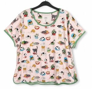 Sleep Sense Sleep Tee Womens 2X Pink Cozy Cat Print Short Sleeve Pajama Top